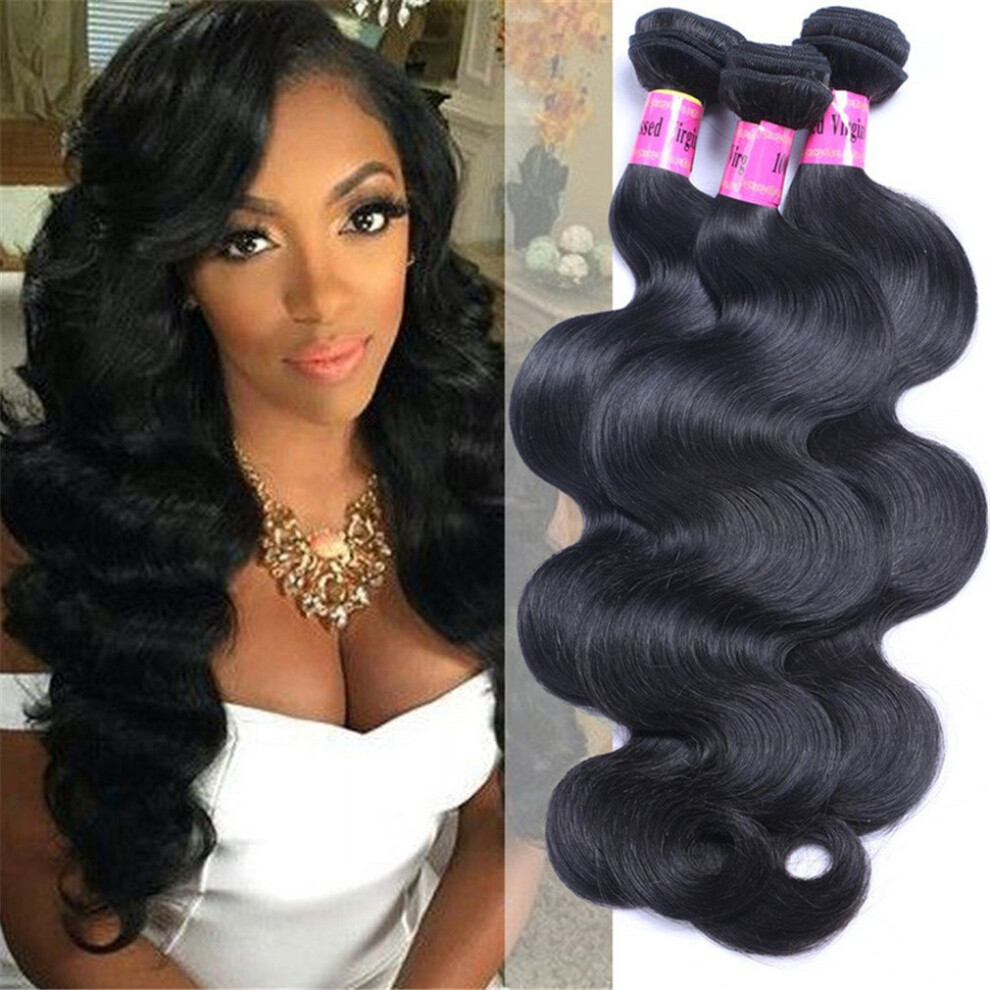 Unisex Black Brazilian Body Wave Human Hair Extensions 16 Inch Virgin Remy 3 Bundles Natural 300G