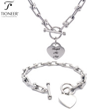 Tioneer rostfritt stål hjärtberlockarmband / halsband ovala länkar eller hårdvarulänk