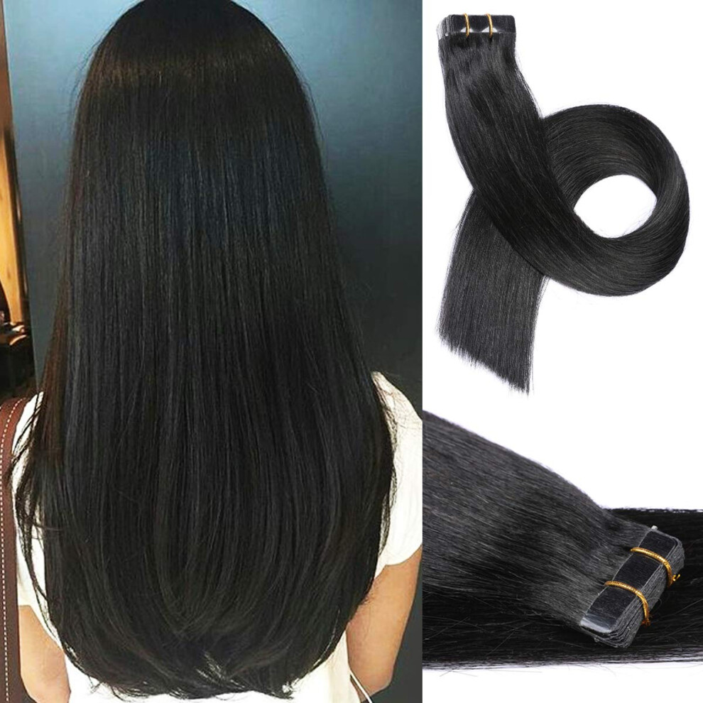 Unisex Black 24 Inch Dark Remy Tape In Human Hair Extensions Silky Straight Seamless Natural Blend