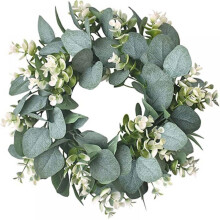 Coroană artificială de eucalipt verde, verdeață de 30 cm cu buchete de flori albe, decor de primăvară/vară pentru ușă, perete și fereastră