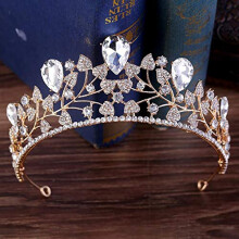 Gold Rhinestone Bridal Crown with Red and Blue Crystals, Adjustable Pearl Head Chain for Wedding