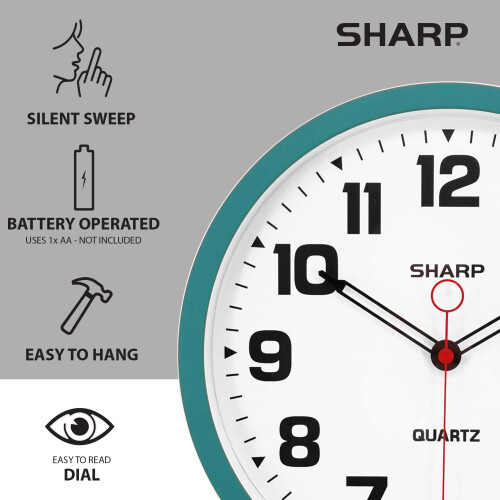 Compatível com o relógio de parede SHARP Matte Teal de 12 polegadas, silencioso, sem tique-taque, moderno e elegante, funciona a bateria e é 2