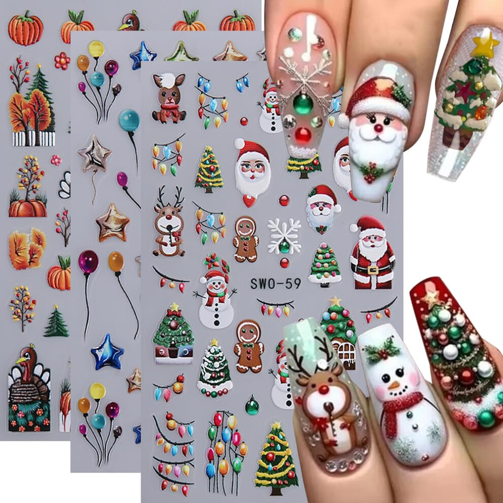 Christmas Nail Stickers 3D Embossed SelfAdhesive Snowflake Santa Deer Tree Winter Nail Art Decals 3 Sheets