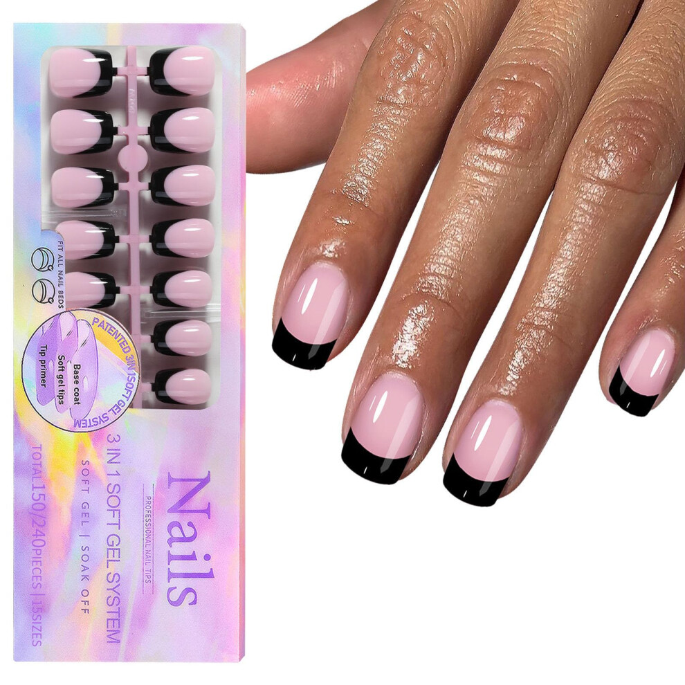 Black Short Square Press On Nails 150Pcs 3 In 1 Gel Nail Tips Handmade French Pastel Long Lasting
