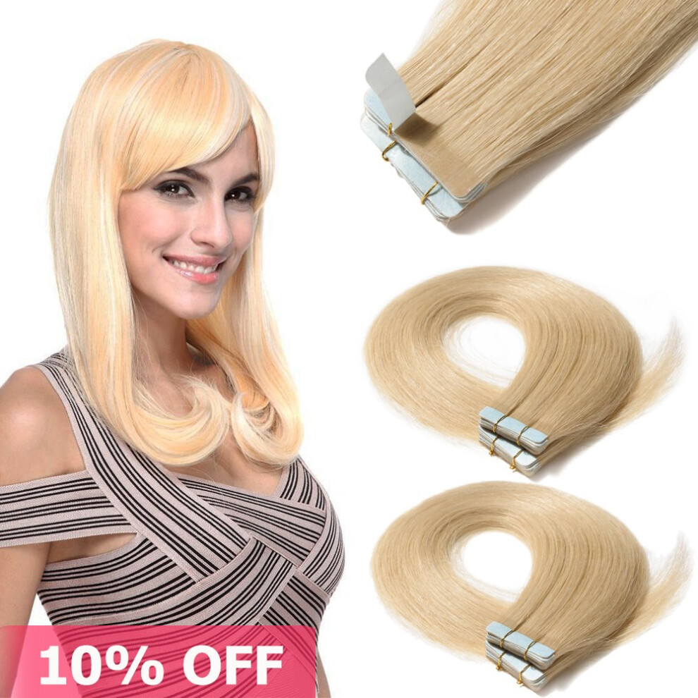 Unisex Black 16 Inch Remy Tape In Hair Extensions Seamless Skin Weft Human Hair 20Pcs Off #1 + 10Pcs Tapes 22 Inch Bleach Blonde #613