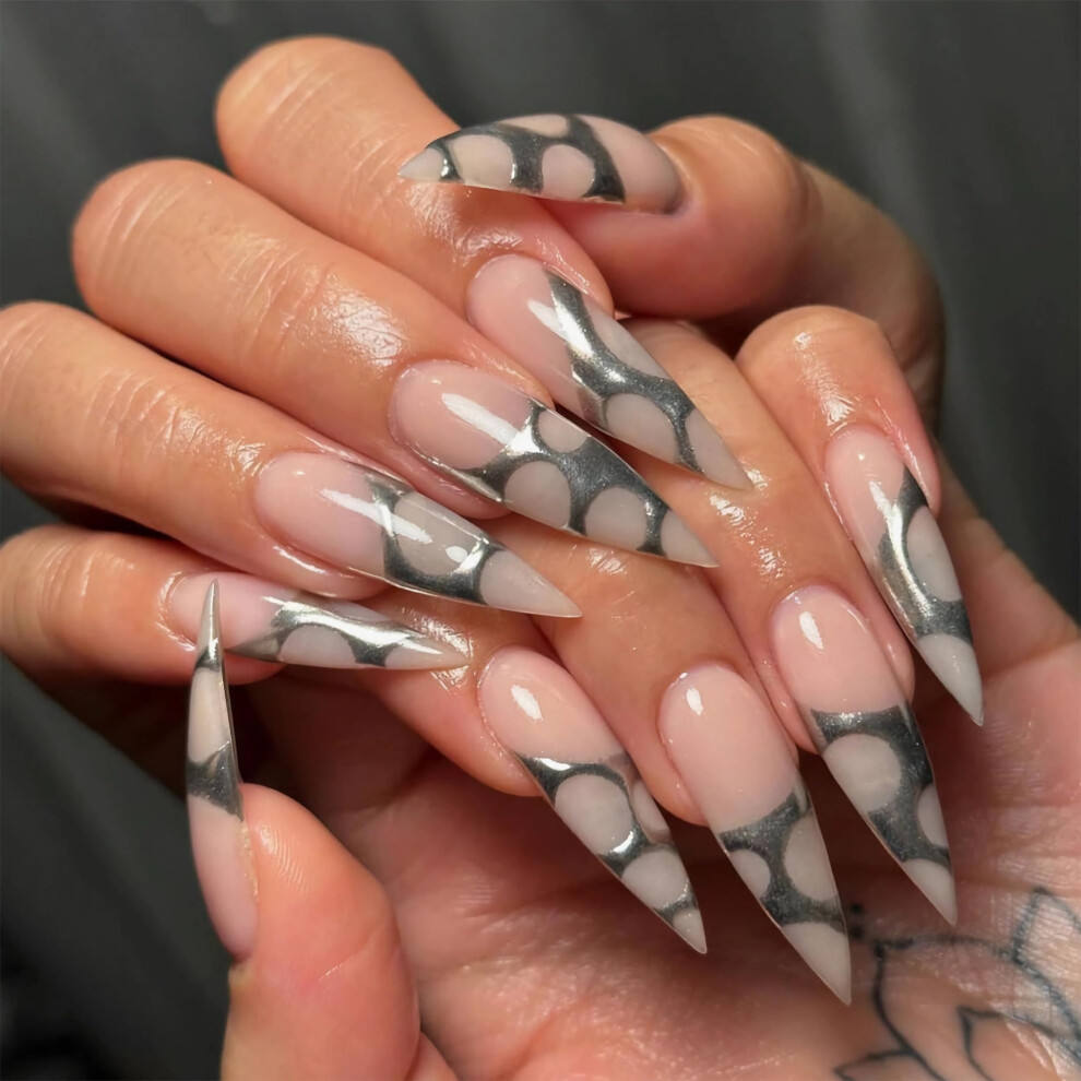 Silver Long Stiletto Press On Nails Chrome Fake Nails With Glue Kit 24Pcs Almond Acrylic Manicure
