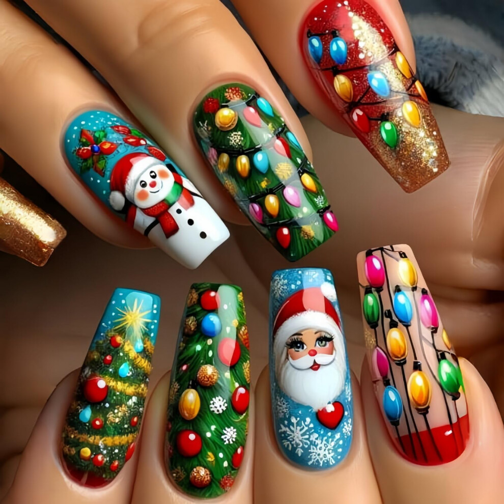 Christmas Press On Nails Medium Coffin Fake Nails with Santa Snowman Glitter Winter Holiday Set 24Pcs