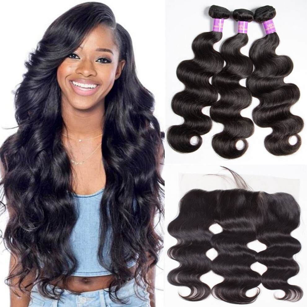 Virgin Malaysian Human Hair Extensions Body Wave Bundles with Pre Plucked Lace Frontal Natural Color