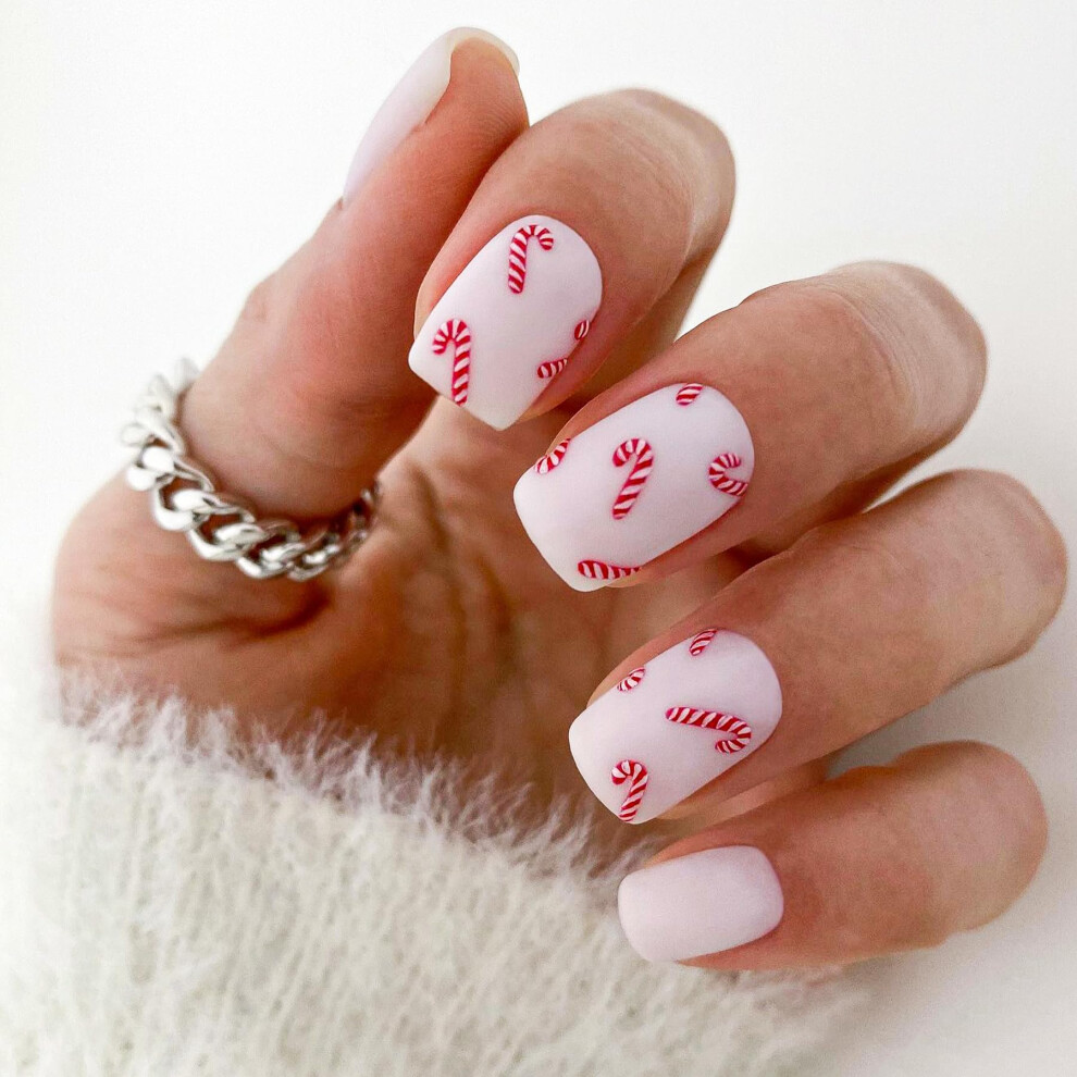 White Christmas Press On Nails Short Square Candy Cane Fake Nails Reusable Holiday Acrylic Set 24Pcs