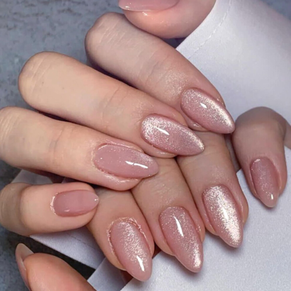 Nude Pink Almond Press On Nails Cat Eye Glitter Fake Nails Set 24pcs Glossy Acrylic Nails with Adhesive