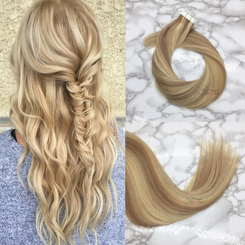 Unisex Tape In Hair Extensions Ash Blonde With Blonde Remy Human Hair Seamless Skin Weft 20Pcs 22'