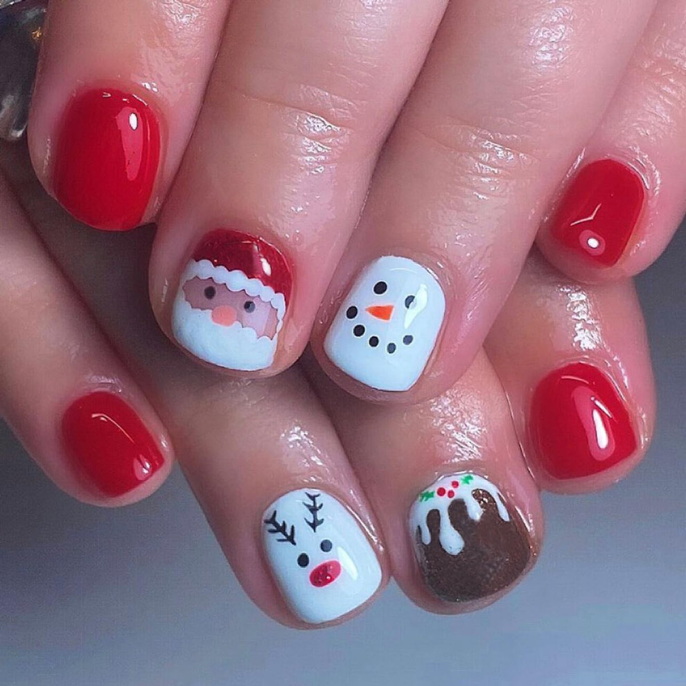 24pcs Christmas Press On Nails Short Square Fake Nails Set with Santa Claus Snowman Elk Designs