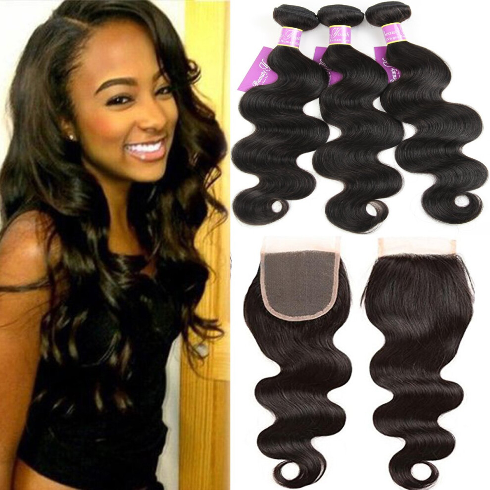 Unisex Brazilian Body Wave Virgin Human Hair 3 Bundles With Closure 7A Unprocessed Natural Color
