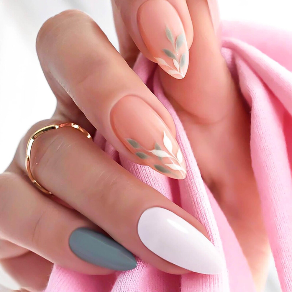Medium Almond Press on Nails Glossy Fake Nails Leaf Design with Glue 24pcs Manicure Set
