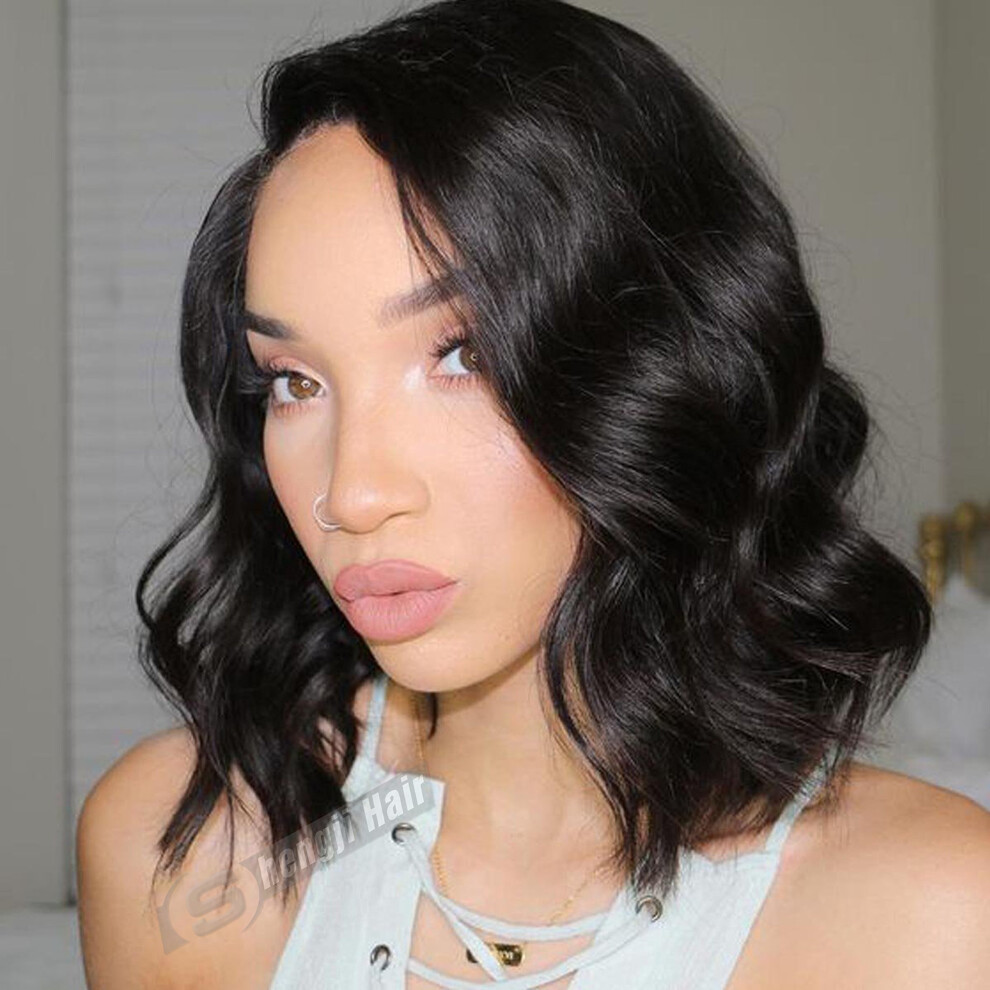 Unisex Black Human Hair Wig Brazilian Virgin Lace Front Bob For Women 10 Inch Natural Hairline 130% Density