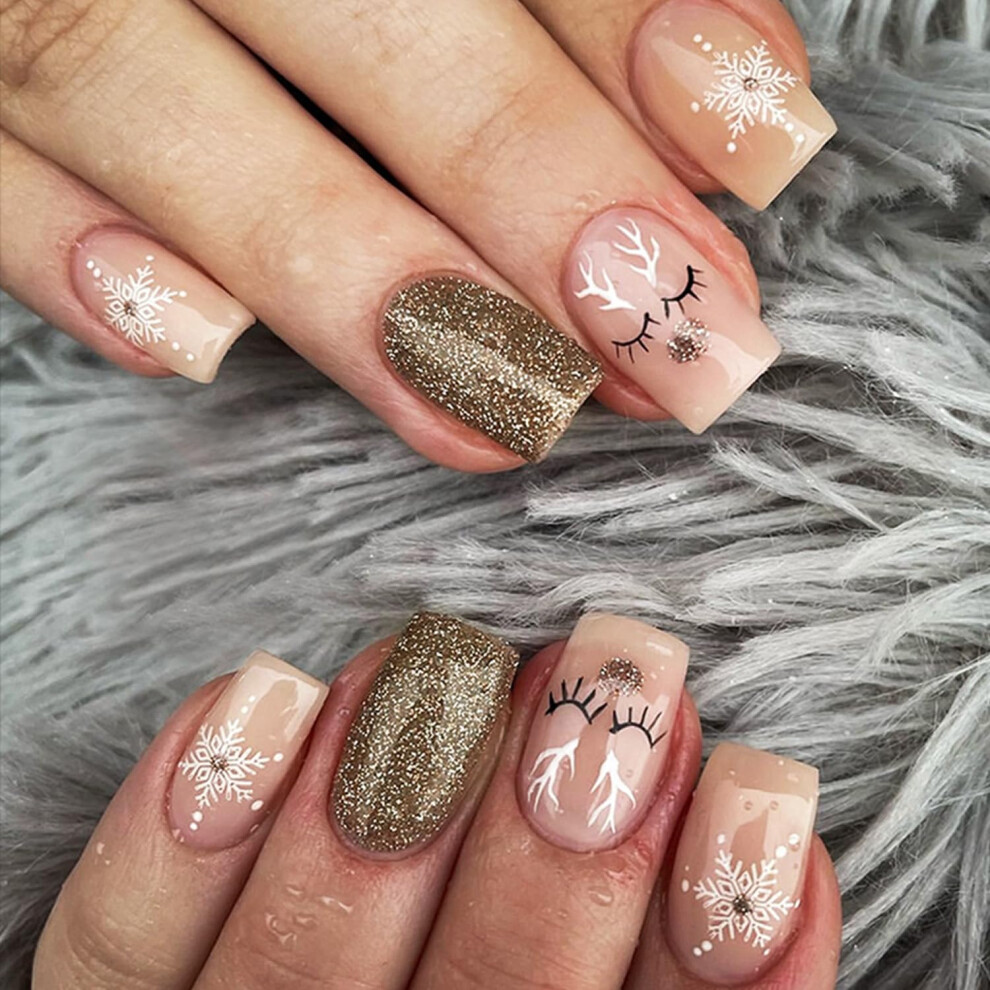 Gold 24Pcs Christmas Press On Nails Set, Glitter Snowflake Holiday Fake Nails With Reusable Tips