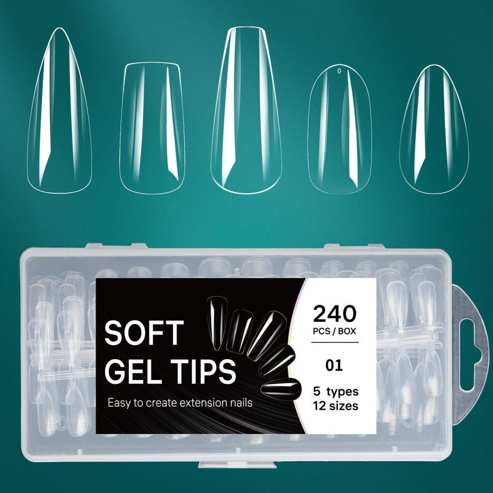 240PCS Press On Nails Kit Soft Gel Full Cover Medium Matte Acrylic Tips for DIY Salon Manicure