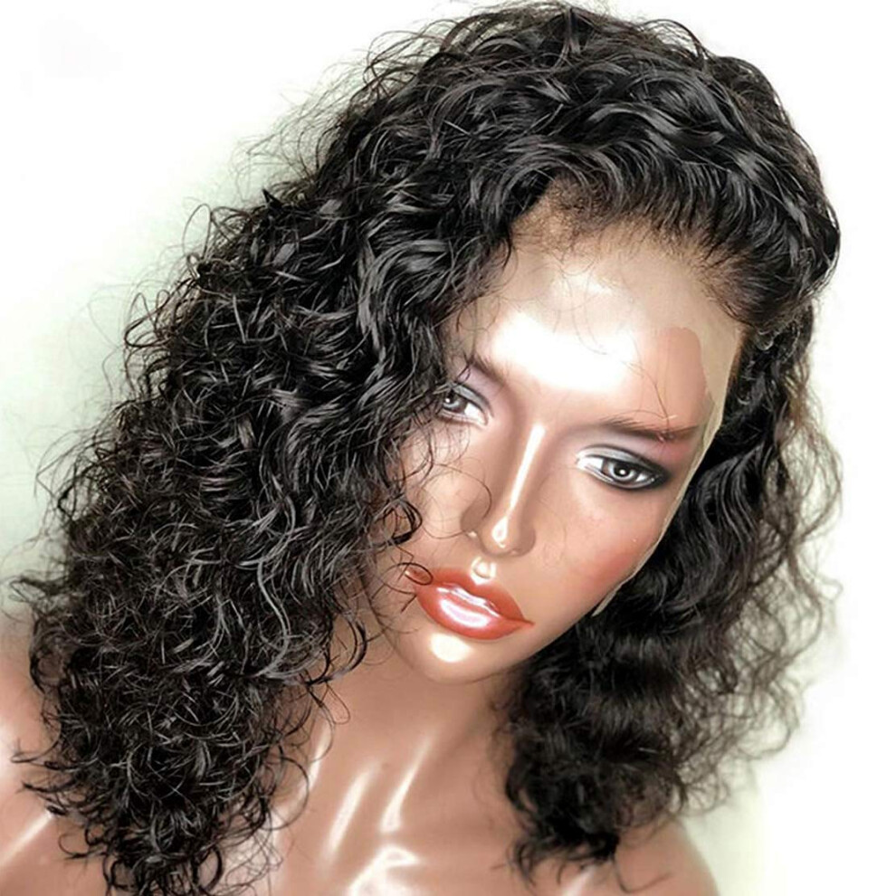 Unisex Black Brazilian Lace Front Human Hair Wig For Women, Curly 14Inch 150% Density Glueless Full Lace