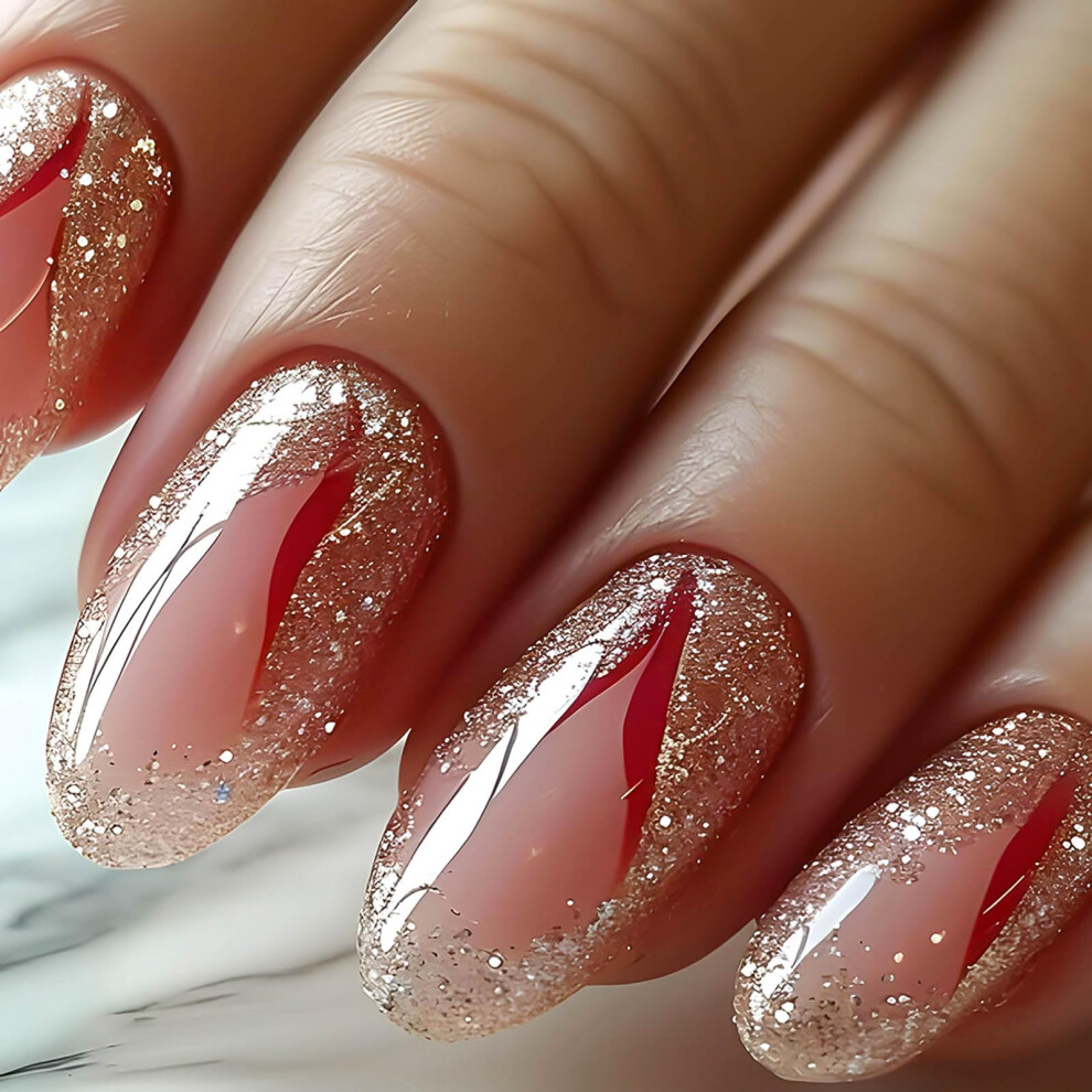 Gold Glitter Press On Nails Medium Oval Almond Shape Glossy Full Cover Fake Nails 24Pcs