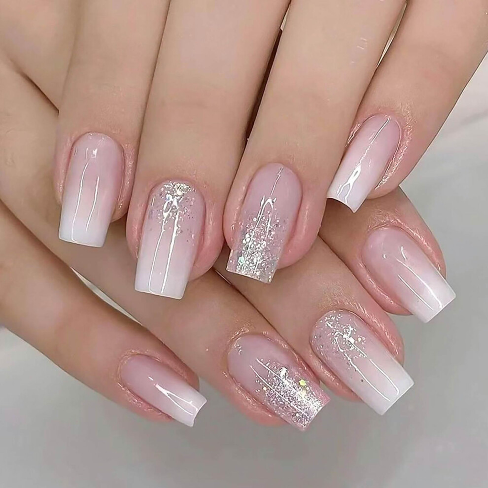Pink Ombre Medium Coffin Press On Nails With Silver Glitter, Glue On Fake Nails Set For Women