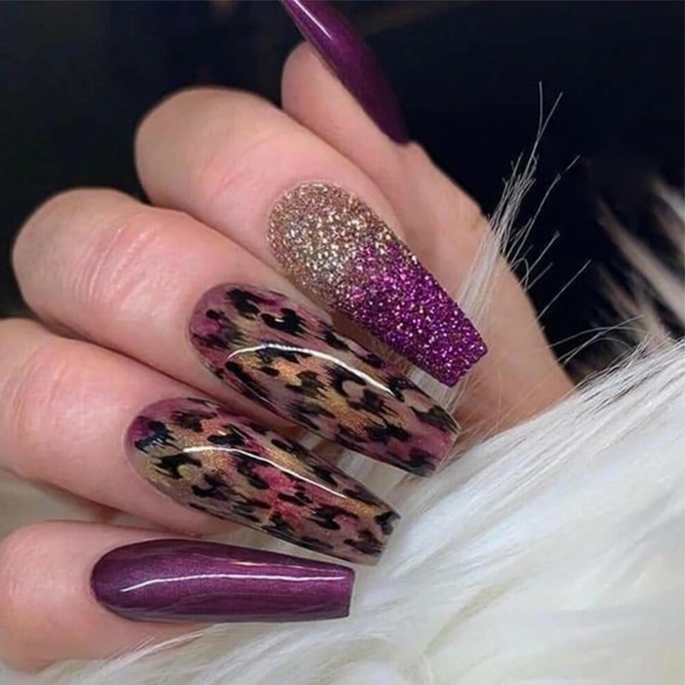 Press On Nails Long Fake Nails Purple French Tip Leopard Glitter Ballerina Shape 24pcs