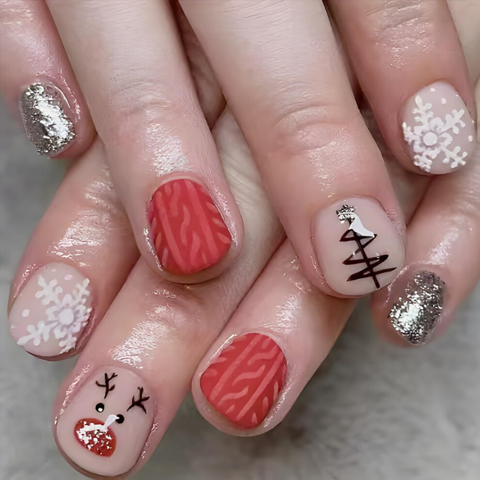 Christmas Press On Nails Set Short Square Acrylic Fake Nails with Festive Snowflake Reindeer Designs