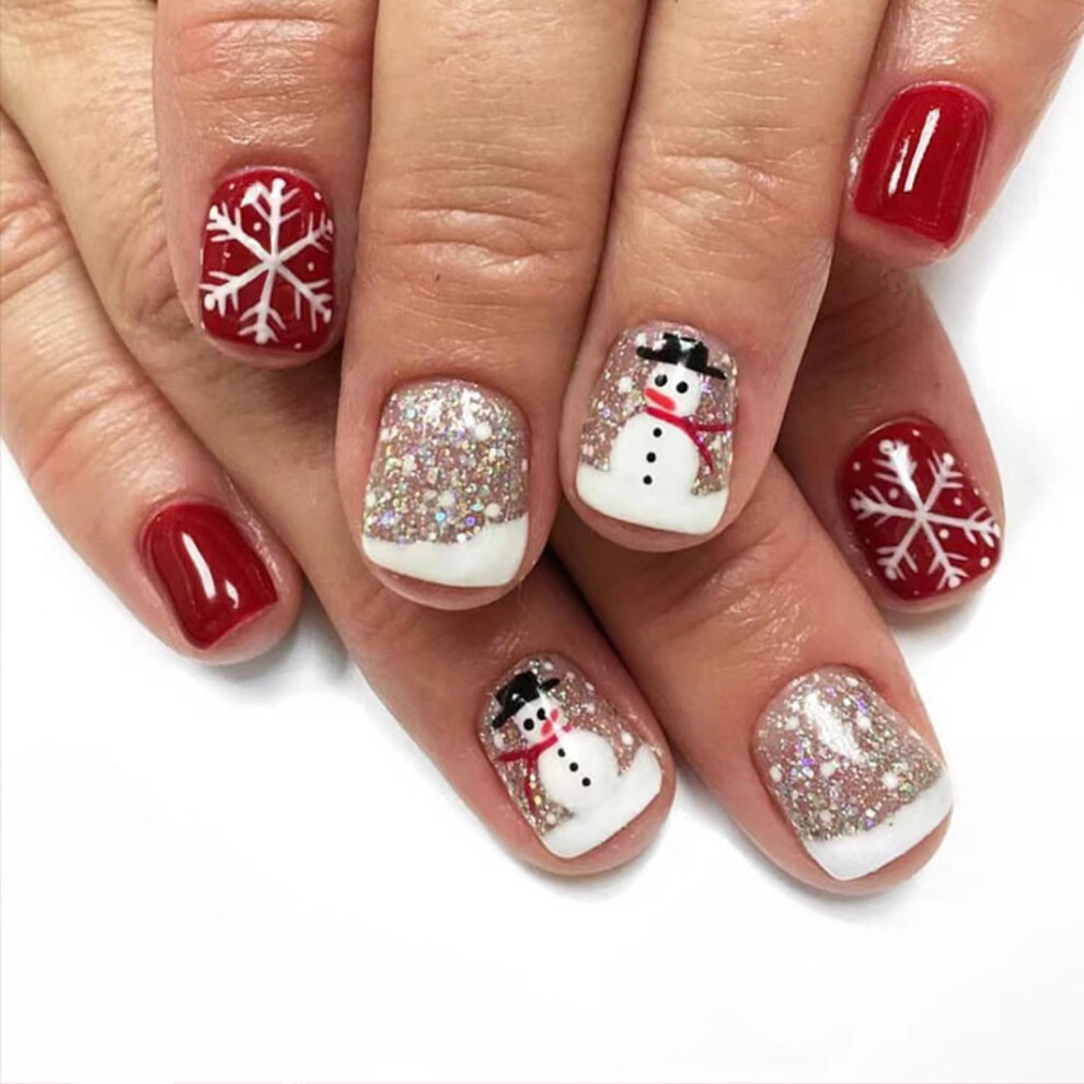 Christmas Press On Nails Short Square Fake Nails Snowflake Snowman Glitter French Tip 24pcs Reusable