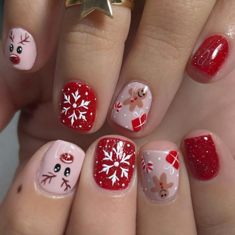 Christmas Press On Nails Short Square Gingerbread and Snowflake Design Reusable Holiday Fake Nails