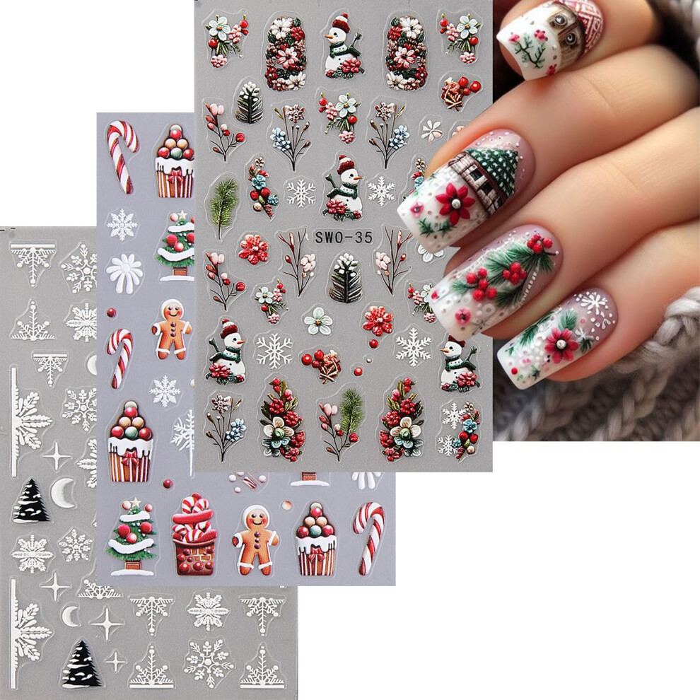 3PCS Christmas Nail Stickers 5D Embossed SelfAdhesive Gingerbread Man Snowflake Holiday Manicure