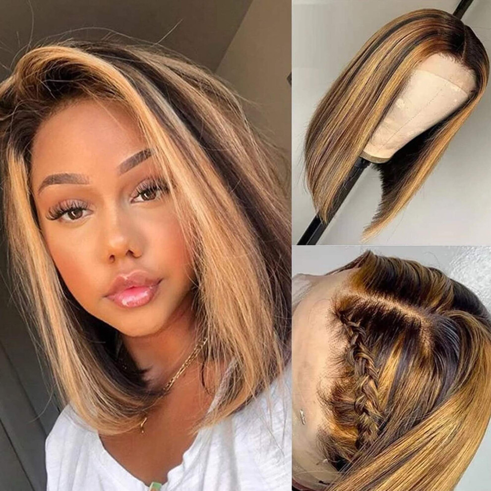 Ombre Bob Lace Front Human Hair Wig 12 Inch Brazilian Remy Pre Plucked Natural Hairline 150% Density