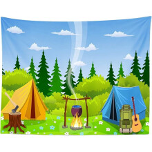 9x6 stop pozadí s motivem kempování, lesní Smores, kompatibilní s gobelínovou kreslenou scénou, dekorace na oslavu narozenin a oslavu miminka