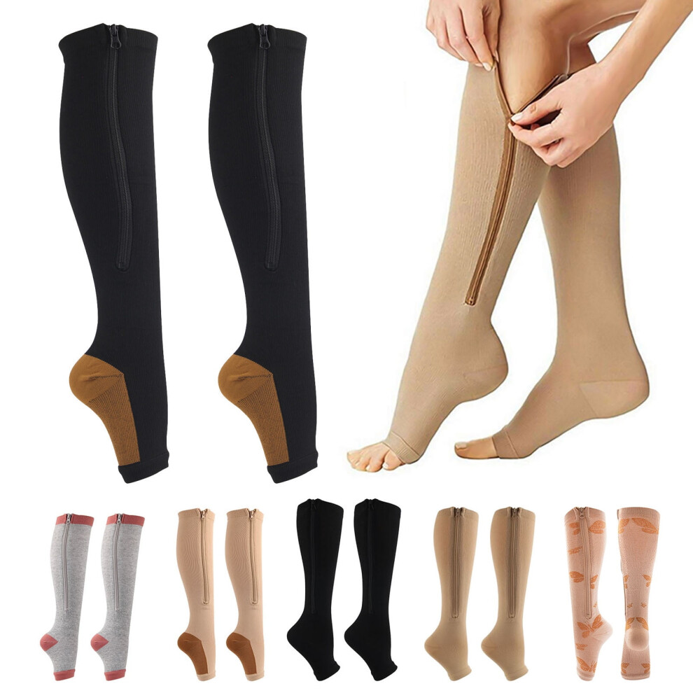 Dream Lifestyle Zipper Compression Socks for Women/Men, Knee High Open Toe, Firm Support for Varicose Veins, Edema, Swelling, Nurses, Pregnancy,