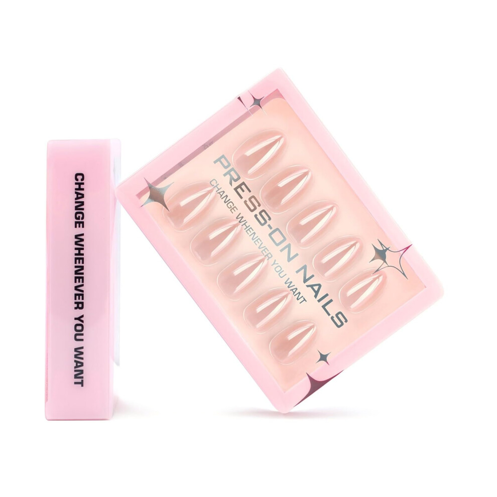 Short Almond Nude Chrome Press On Nails for Women, Glossy Reusable Soft Gel Fake Nails