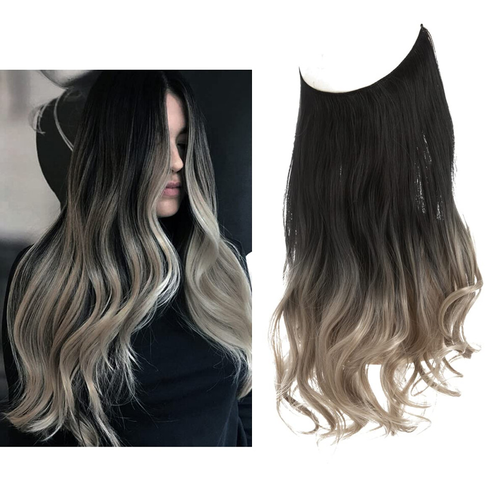 Ombre Halo Hair Extensions To Ash Blonde Wavy 16 Inch Heat Resistant Invisible Wire Hairpiece Black