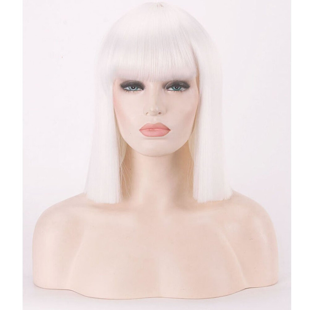 Unisex White Bob Wig 14 Inch Straight With Bangs Heat Resistant Synthetic Hair And Wig Cap