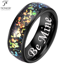 Tioneer Black IP Tungsten Ring 8mm Galaxy Series w/ Opal Inlay in Different Styles Wedding Band for Men Women w/ FREE Engraving Options