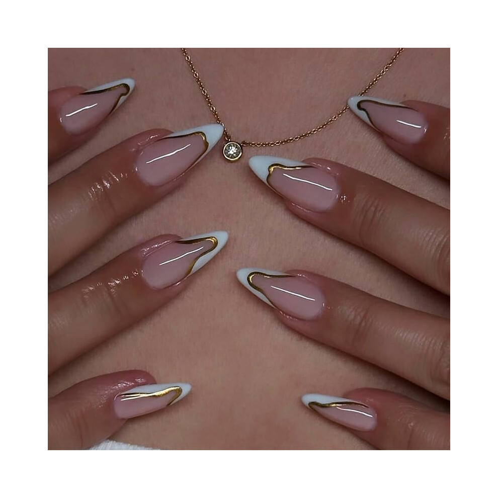24Pcs French Tip Press On Nails Short Almond Shape Fake Nails with Chrome Gold Accent Reusable Kit