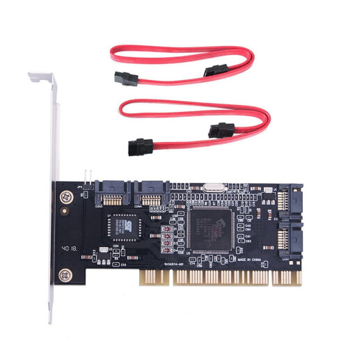 Controladora PCI SATA de 4 portas com placa de expansão interna e dois cabos SATA, para PC desktop, compatível com discos rígidos SATA.