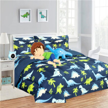 Ensemble de couette enfant 6 pièces, taille simple, motif dinosaure bleu réversible : 1 couette, 1 taie d’oreiller, 1 drap plat, 1 drap-housse,