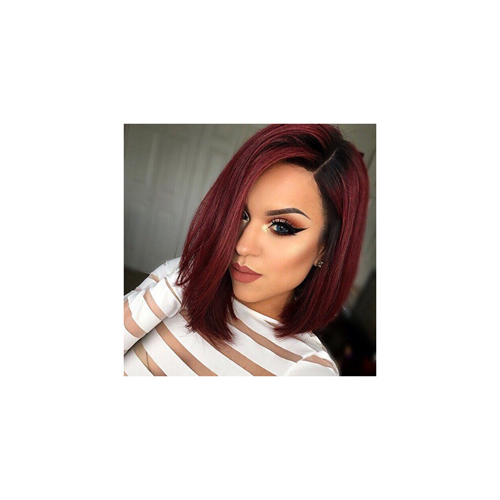 Unisex Red Bob Wig Short Ombre Burgundy Synthetic Hair With Dark Roots Heat Resistant For Cosplay