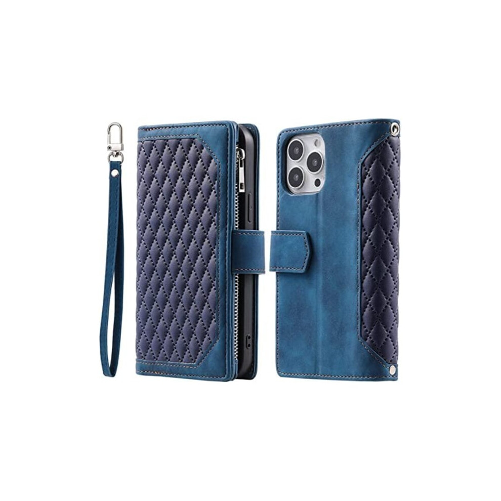 Long Lanyard Leather Case For Compatible With Iphone 14 With 7 Card Slots Blue 9164030156531