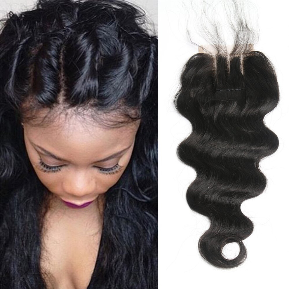Unisex 18 Inch Brazilian Lace Closure Virgin Human Hair Body Wave 4X4 Swiss Lace Bleached Knots 3 Part