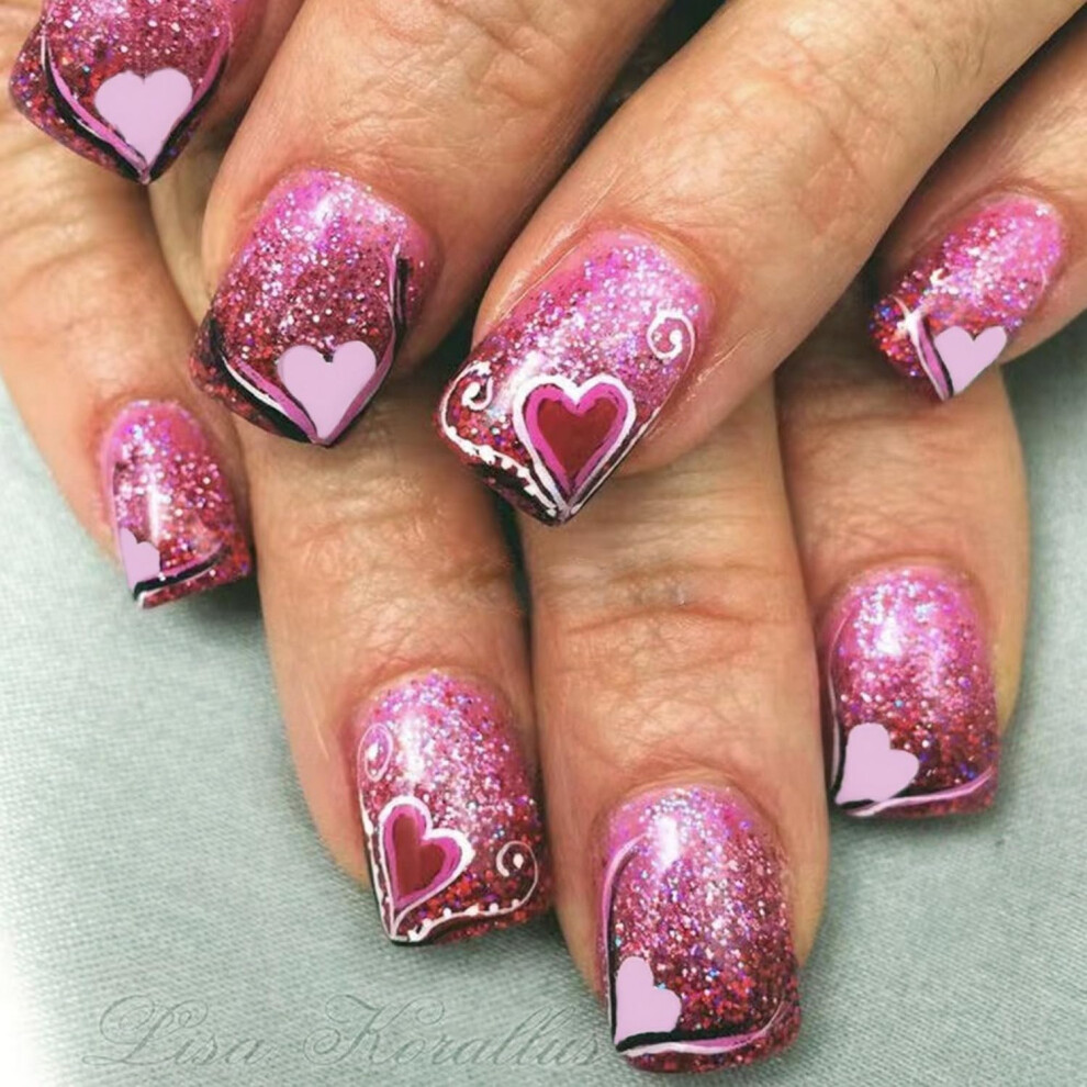 24 Pcs Valentines Press On Nails Short Square Acrylic Fake Nails with Glitter Heart Design