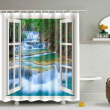 Cortinas de ducha de poliéster con estampado de paisaje marino en alta definición de 71 x 71 pulgadas, con 12 ganchos de plástico en forma de C