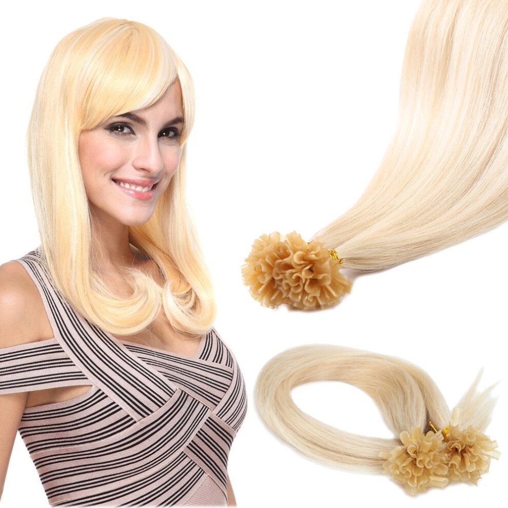 Unisex Remy Human Hair Extensions 18 Inch Bleach Blonde Keratin U Tip 100 Strands Salon Quality