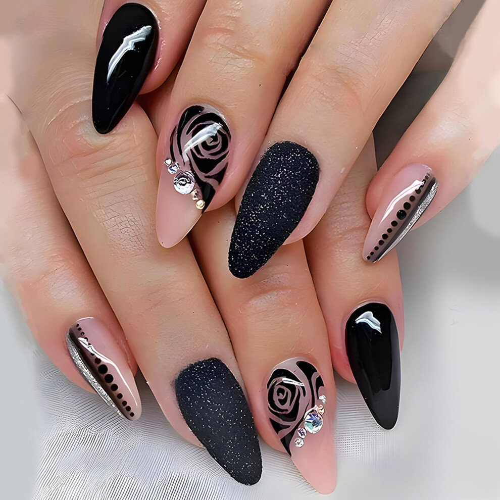Valentine's Black Glitter Rhinestone Almond Press on Nails with Romantic Heart Design, 24 Pcs