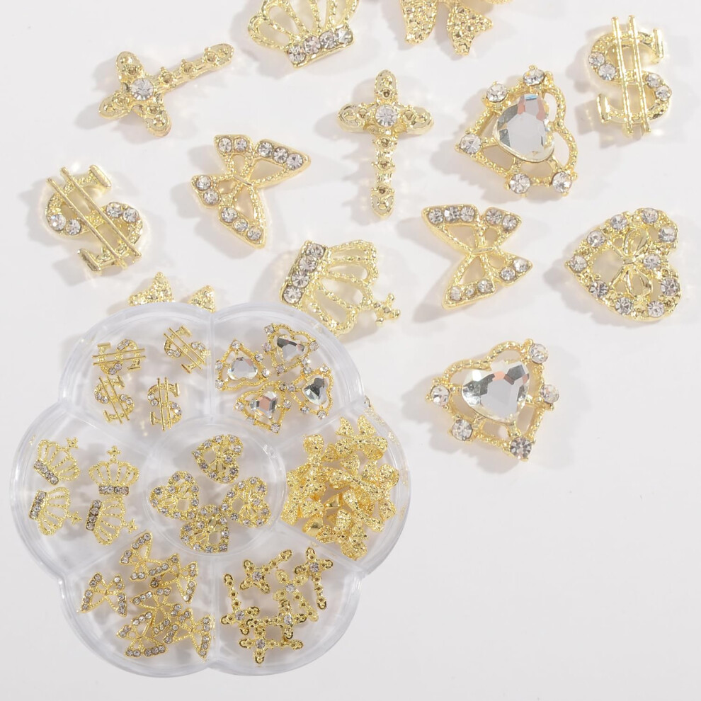 Gold 36Pcs Nail Rhinestones Set With Mixed Shape Nail Art Charms For Easy Diy Manicure