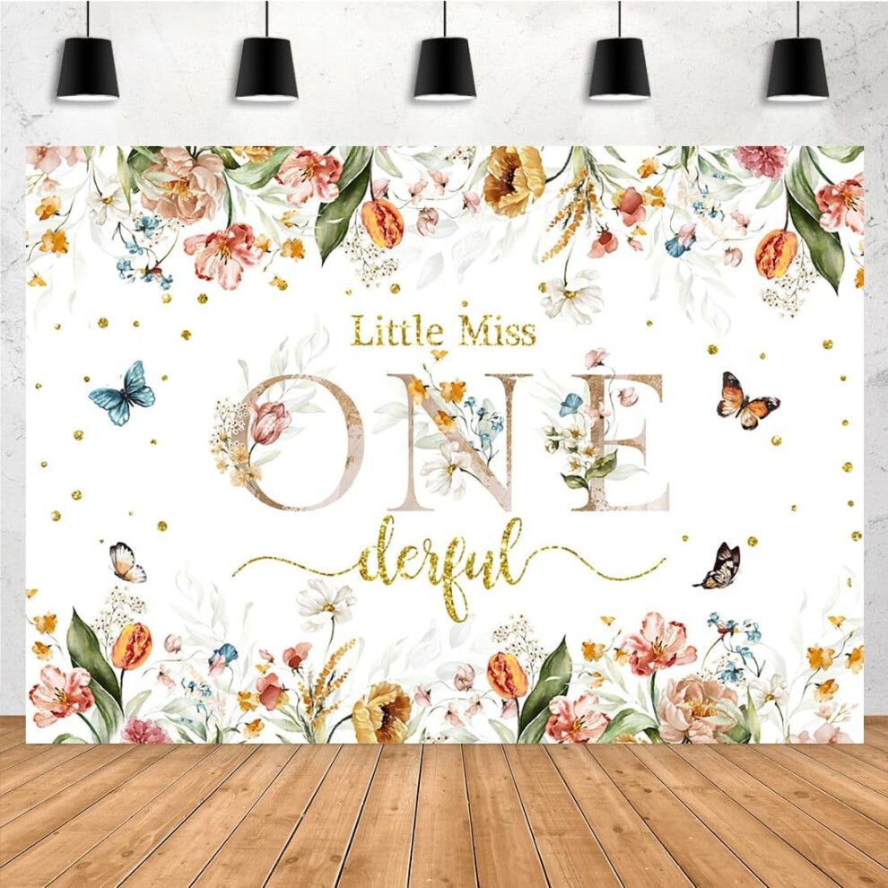 Little Miss Onederful Happy Birthday Backdrop - Colorful Wildflowers, Butterflies, Dots, 1St Bday Party, Photo Booth Props Pink/Golden 9389440784345