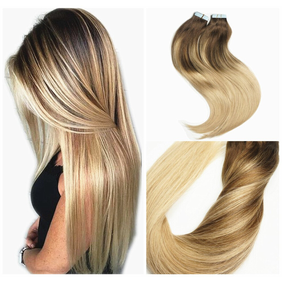 Unisex Brown 18 Inch Tape In Hair Extensions Chocolate To Dirty Blonde Ombre Remy Human Hair 40Pcs