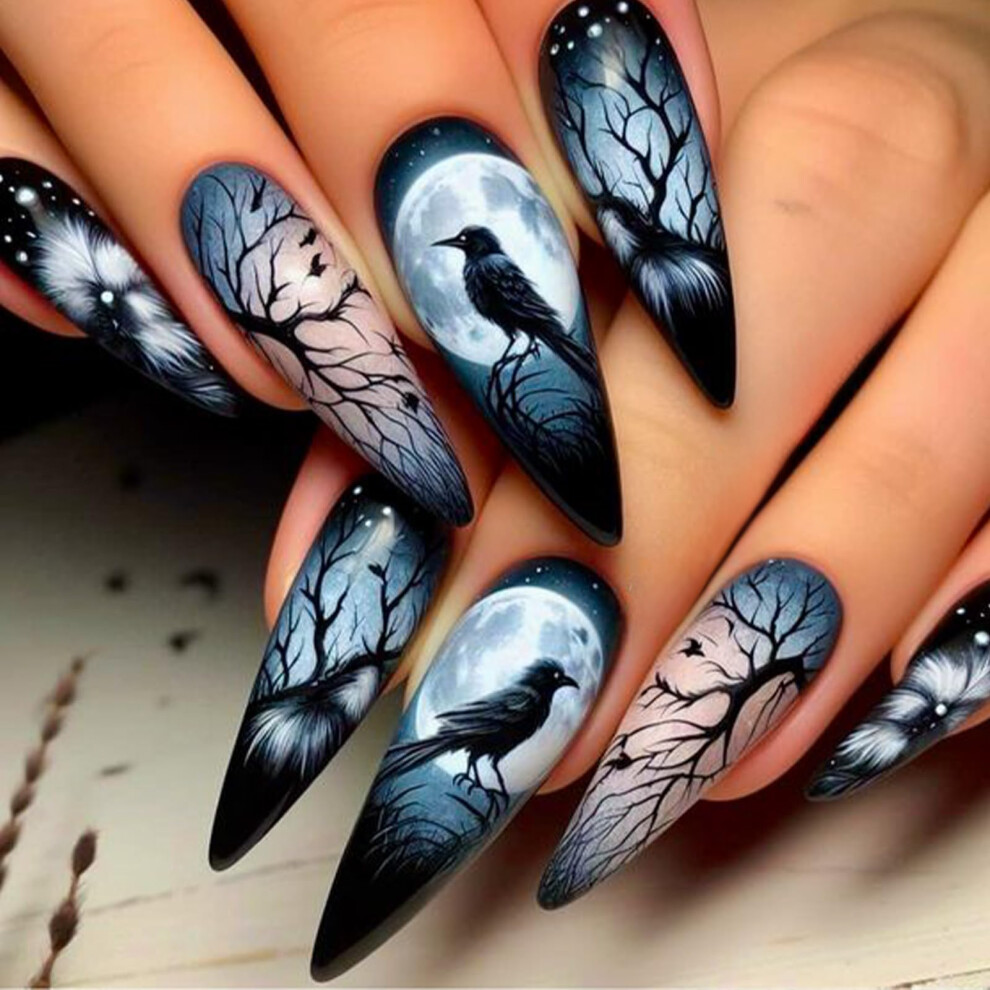 Long Stiletto Press on Nails Black Glitter Moon Art Glue on Acrylic Fake Nails for Women 24PCS